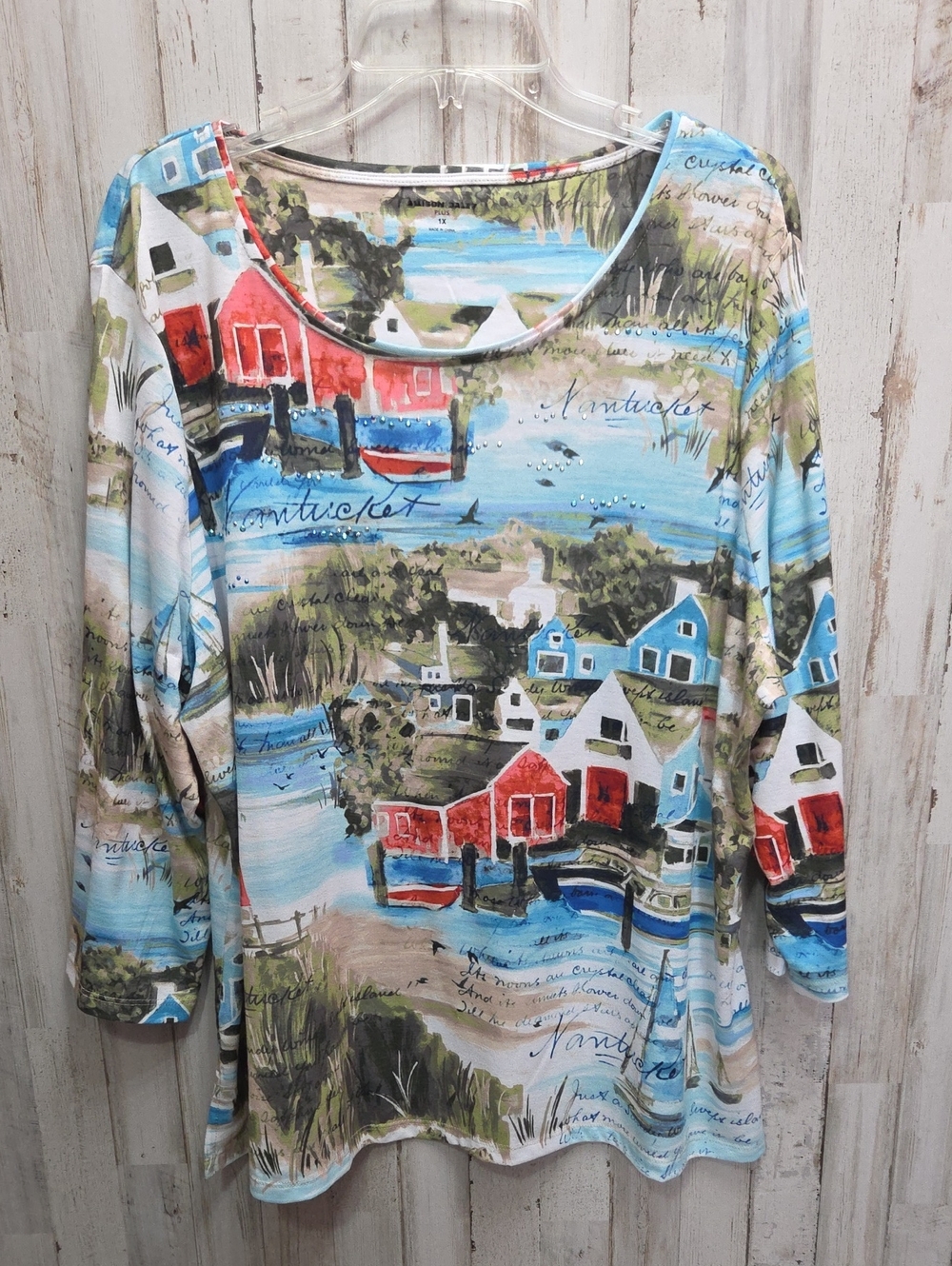 Allison Daley 3/4 Sleeve Summer Nantucket Beach Print Top Plus Size 1X